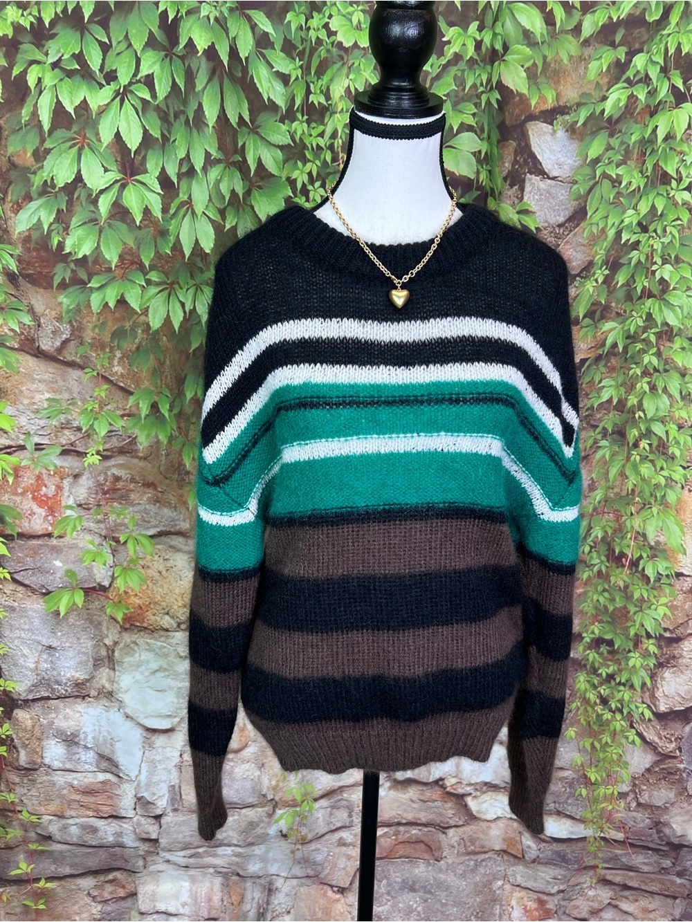TELA Gina Mohair and Wool Blend Striped Made in Italy Luxury Crewneck Sweater, S - Picture 2 of 15